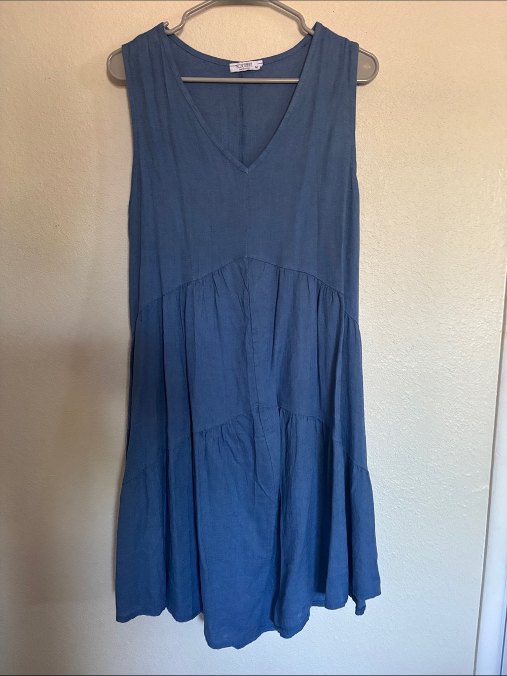 Sleeveless V-Neck Tiered Midi Dress in Dusty Blue